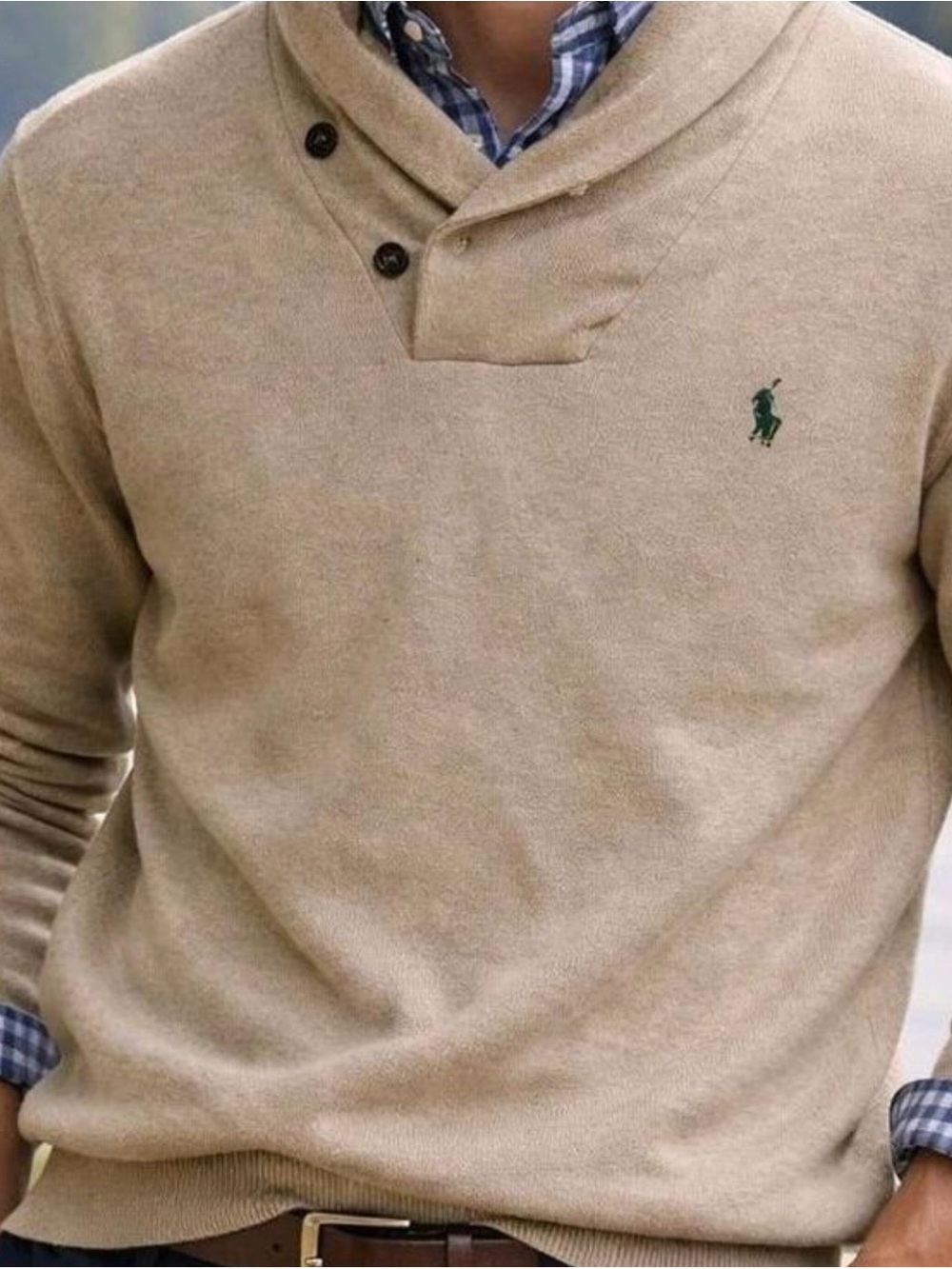 Men’s Polo Ralph Lauren Luxury Tan Shawl-Collar Knit Pullover Size Medium